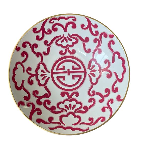 Dana Gibson Hand Painted Tole Sultan Bowl 16in Metal Hot Pink White Floral NEW - Picture 9 of 10